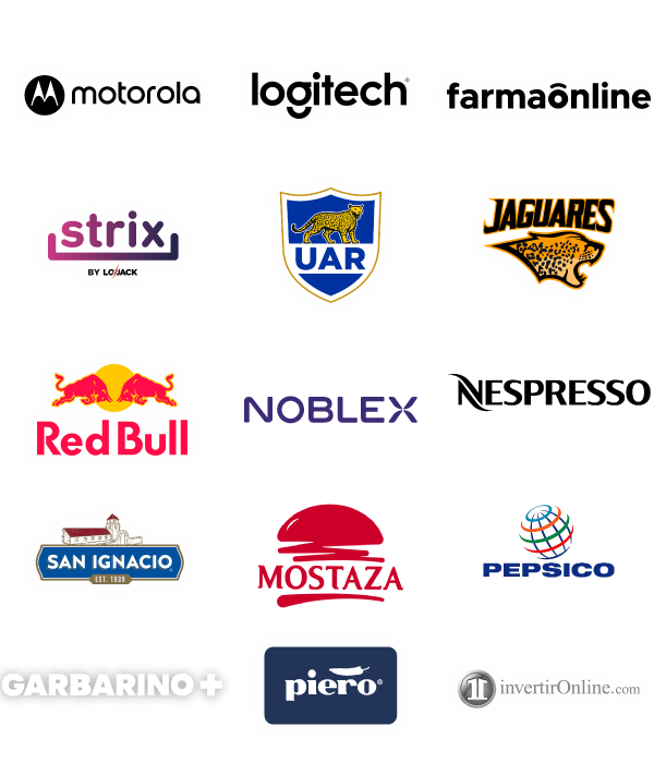 logos de marcas que confian en nosotros, motorola, logitech, farmaonline, uar, jaguares, redbull, noblex, nespresso, san ignacio, mostaza, pepsico, garbarino, piero, invertironline